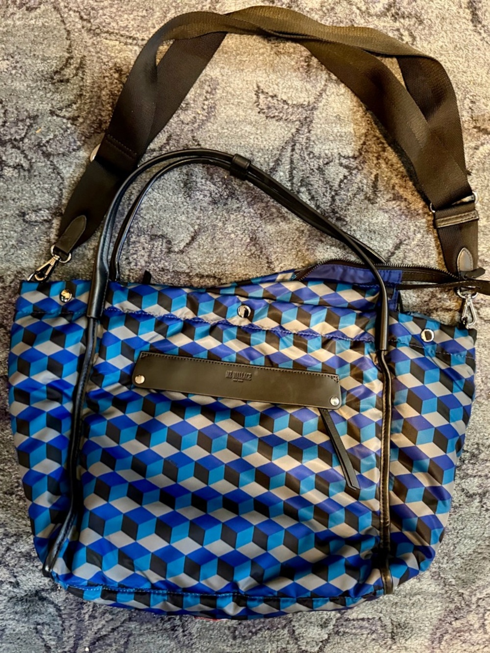 MZ Wallace Madison Shopper Tote Large Geometric Print blue and black w pouch